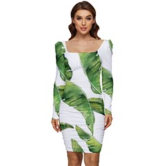 Sheets Tropical Plant Palm Summer Exotic Women Long Sleeve Ruched Stretch Jersey Dress