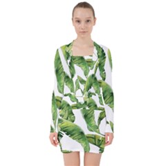 Sheets Tropical Plant Palm Summer Exotic V-neck Bodycon Long Sleeve Dress by artworkshop