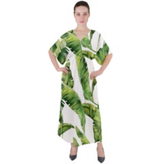 Sheets Tropical Plant Palm Summer Exotic V-neck Boho Style Maxi Dress by artworkshop