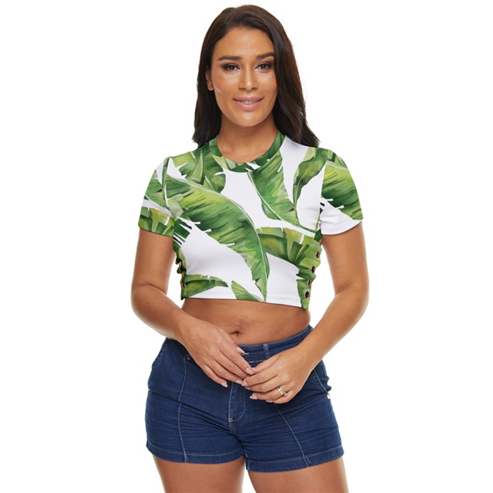 Sheets Tropical Plant Palm Summer Exotic Side Button Cropped Tee