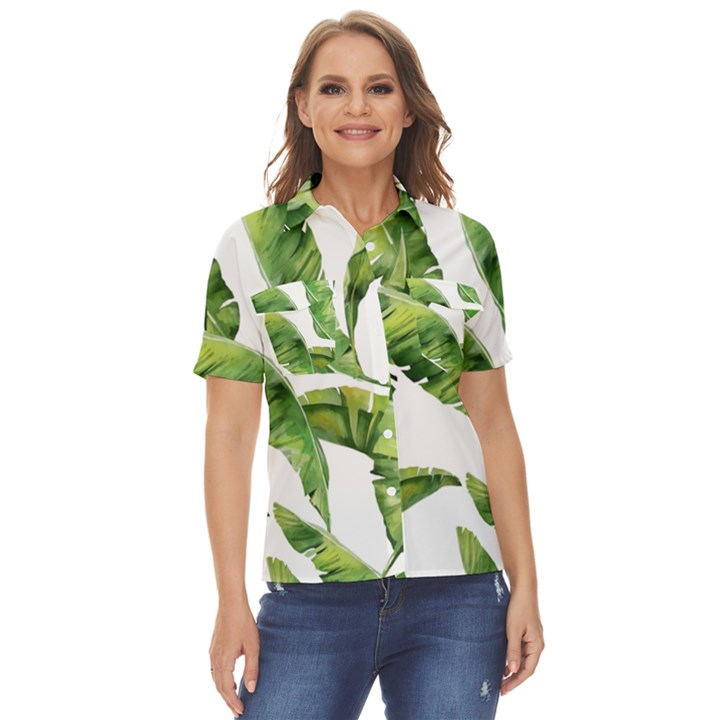 Sheets Tropical Plant Palm Summer Exotic Women s Short Sleeve Double Pocket Shirt