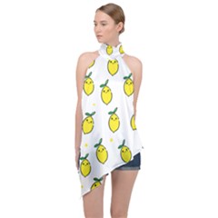 Pattern Lemon Texture Halter Asymmetric Satin Top by artworkshop