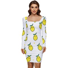 Pattern Lemon Texture Women Long Sleeve Ruched Stretch Jersey Dress