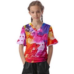 Colorful Painting Kids  V-neck Horn Sleeve Blouse