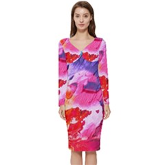 Colorful Painting Long Sleeve V-neck Bodycon Dress 