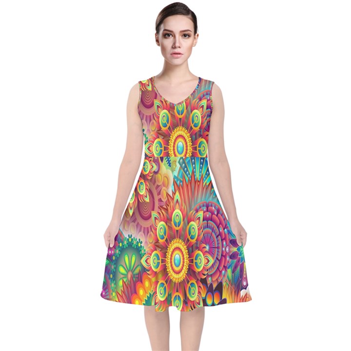 Mandalas Colorful Abstract Ornamental V-Neck Midi Sleeveless Dress 