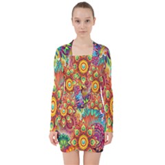 Mandalas Colorful Abstract Ornamental V-neck Bodycon Long Sleeve Dress by artworkshop