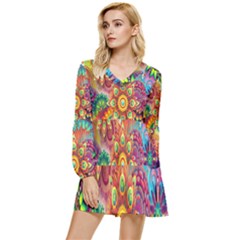 Mandalas Colorful Abstract Ornamental Tiered Long Sleeve Mini Dress