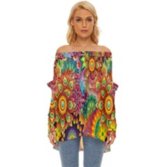 Mandalas Colorful Abstract Ornamental Off Shoulder Chiffon Pocket Shirt