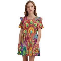 Mandalas Colorful Abstract Ornamental Kids  Frilly Sleeves Pocket Dress