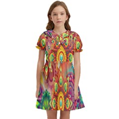 Mandalas Colorful Abstract Ornamental Kids  Bow Tie Puff Sleeve Dress by artworkshop