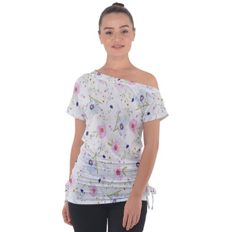 Pattern Flowers Off Shoulder Tie-up Tee by artworkshop