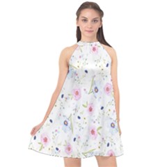 Pattern Flowers Halter Neckline Chiffon Dress  by artworkshop