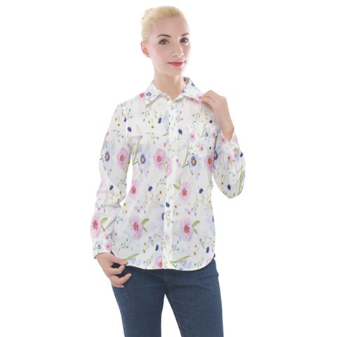 Pattern Flowers Women s Long Sleeve Pocket Shirt by artworkshop