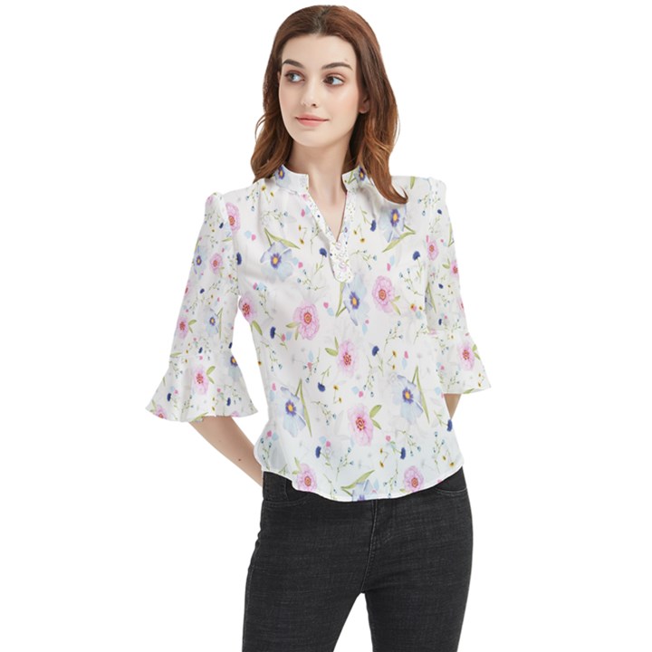 Pattern Flowers Loose Horn Sleeve Chiffon Blouse