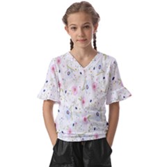 Pattern Flowers Kids  V-neck Horn Sleeve Blouse by artworkshop