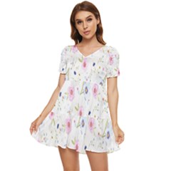 Pattern Flowers Tiered Short Sleeve Babydoll Dress