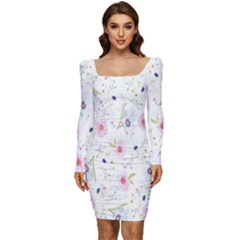 Pattern Flowers Women Long Sleeve Ruched Stretch Jersey Dress