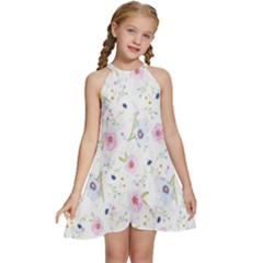 Pattern Flowers Kids  Halter Collar Waist Tie Chiffon Dress