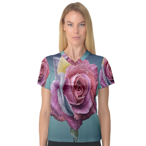 Rose Flower Love Romance Beautiful V-neck Sport Mesh Tee by artworkshop