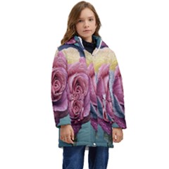 Rose Flower Love Romance Beautiful Kid s Hooded Longline Puffer Jacket by artworkshop