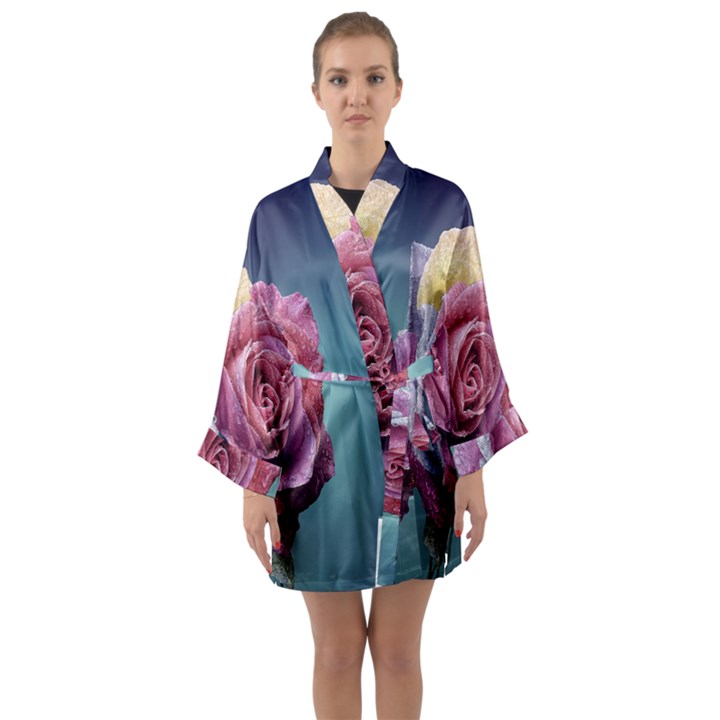 Rose Flower Love Romance Beautiful Long Sleeve Satin Kimono