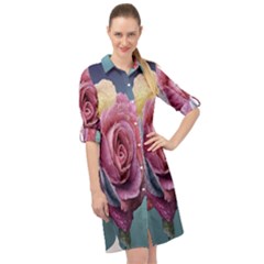 Rose Flower Love Romance Beautiful Long Sleeve Mini Shirt Dress by artworkshop