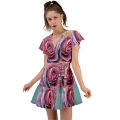 Rose Flower Love Romance Beautiful Flutter Sleeve Wrap Dress by artworkshop