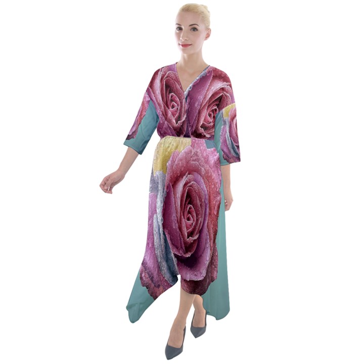 Rose Flower Love Romance Beautiful Quarter Sleeve Wrap Front Maxi Dress