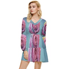 Rose Flower Love Romance Beautiful Tiered Long Sleeve Mini Dress