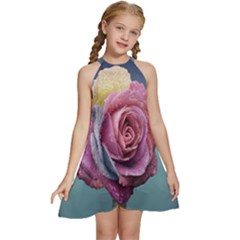 Rose Flower Love Romance Beautiful Kids  Halter Collar Waist Tie Chiffon Dress