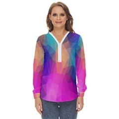 Triangles Polygon Color Zip Up Long Sleeve Blouse