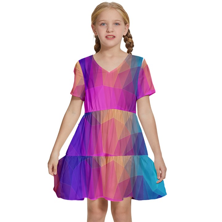 Triangles Polygon Color Kids  Short Sleeve Tiered Mini Dress