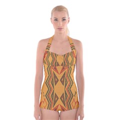 Abstract Pattern Geometric Backgrounds  Boyleg Halter Swimsuit  by Eskimos