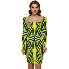 Abstract Pattern Geometric Backgrounds Women Long Sleeve Ruched Stretch Jersey Dress