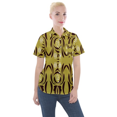 Folk Flowers Print Floral Pattern Ethnic Art Women s Short Sleeve Pocket Shirt by Eskimos