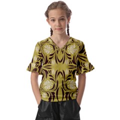 Folk Flowers Print Floral Pattern Ethnic Art Kids  V-neck Horn Sleeve Blouse