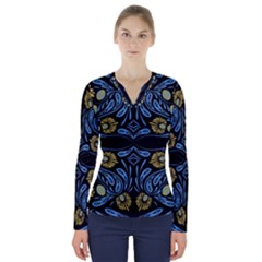 Folk Flowers Print Floral Pattern Ethnic Art V-neck Long Sleeve Top by Eskimos