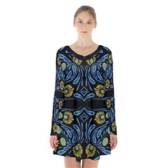 Folk Flowers Print Floral Pattern Ethnic Art Long Sleeve Velvet V-neck Dress