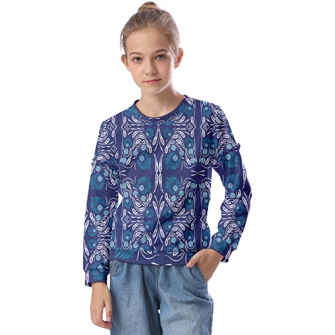 Folk Flowers Print Floral Pattern Ethnic Art Kids  Long Sleeve Tee With Frill  by Eskimos