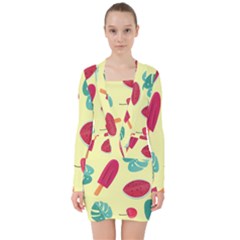 Watermelon Leaves Cherry Background Pattern V-neck Bodycon Long Sleeve Dress