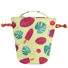 Watermelon Leaves Cherry Background Pattern Drawstring Bucket Bag