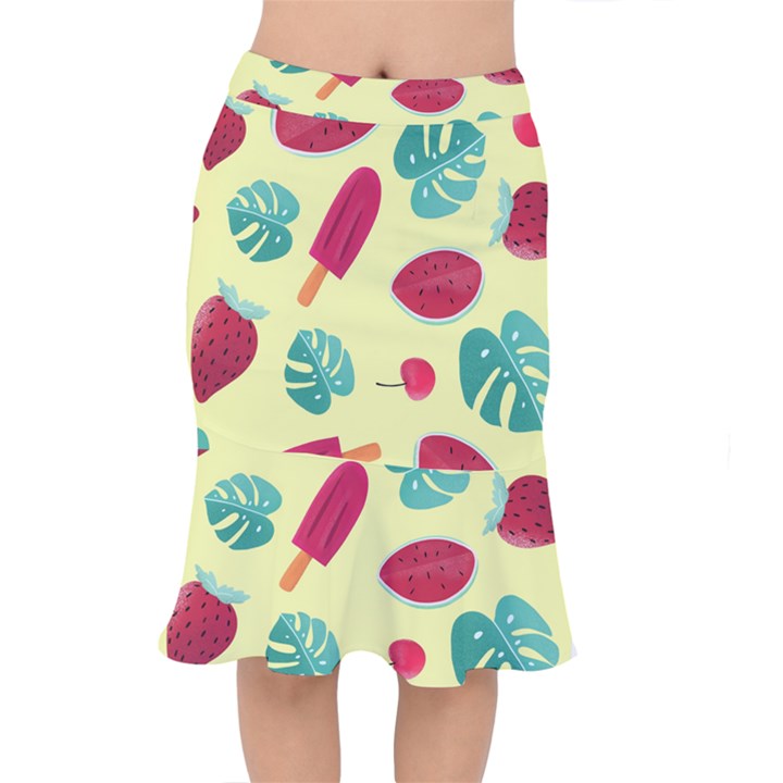 Watermelon Leaves Cherry Background Pattern Short Mermaid Skirt