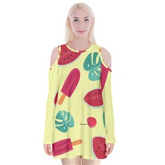 Watermelon Leaves Cherry Background Pattern Velvet Long Sleeve Shoulder Cutout Dress by nate14shop