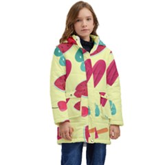 Watermelon Leaves Cherry Background Pattern Kid s Hooded Longline Puffer Jacket