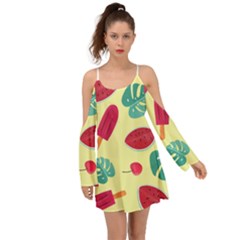 Watermelon Leaves Cherry Background Pattern Kimono Sleeves Boho Dress by nate14shop