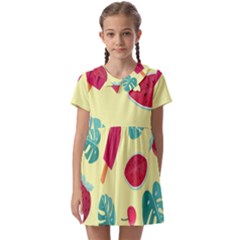 Watermelon Leaves Cherry Background Pattern Kids  Asymmetric Collar Dress by nate14shop