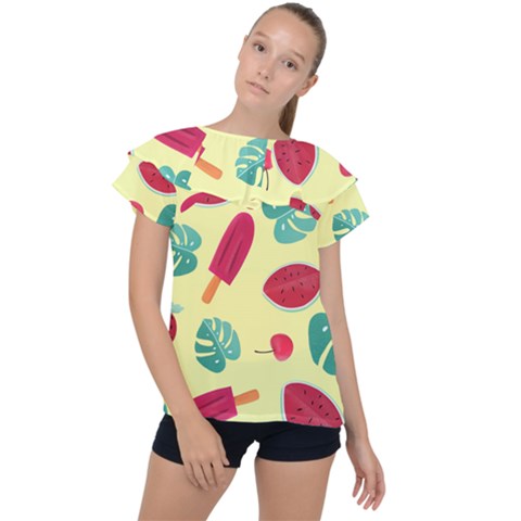 Watermelon Leaves Cherry Background Pattern Ruffle Collar Chiffon Blouse by nate14shop