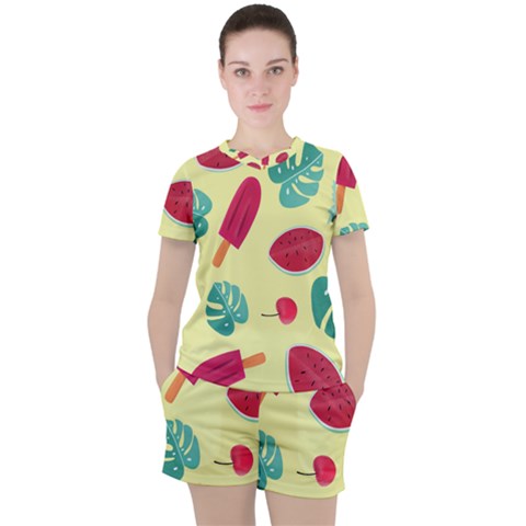 Watermelon Leaves Cherry Background Pattern Women s Tee And Shorts Set by nate14shop