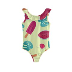 Watermelon Leaves Cherry Background Pattern Kids  Frill Swimsuit by nate14shop